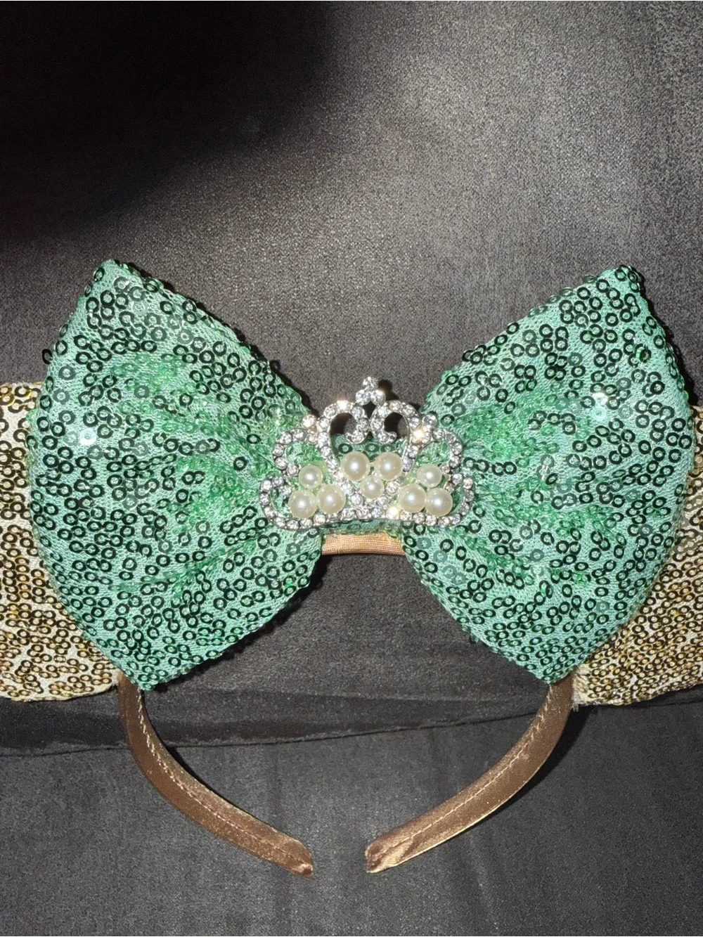 Sequin Mouse Ear Headband with Green Bow and Gold Ears